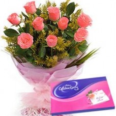 Pink Roses Hand Bunch with Cadbury Assortment